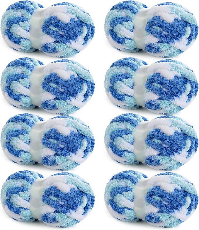 HOMBYS Chunky Tie Dye Mix Chenille Yarn for Hand Knitting, Super Bulky Jumbo Yarn for Crocheting, 3/4" Thick Soft Plush Yarn for Blankets, 8 Skein Pack (26 yds / 7.5 oz Each) Blue,Sky Blue,White