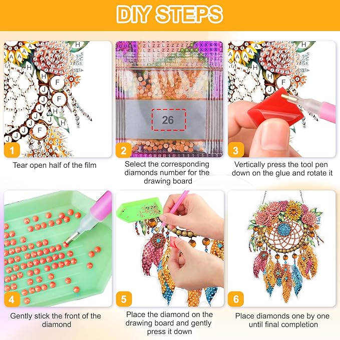 QENSPE Diamond Painting Art Hanging Kits for Adults, 5D Special Shape Diamond Paingting Ornaments with Chain, DIY Dreamcatcher Crystal Window Pendants for Home Wall Decor Double Sided Gifts 8X8 inch