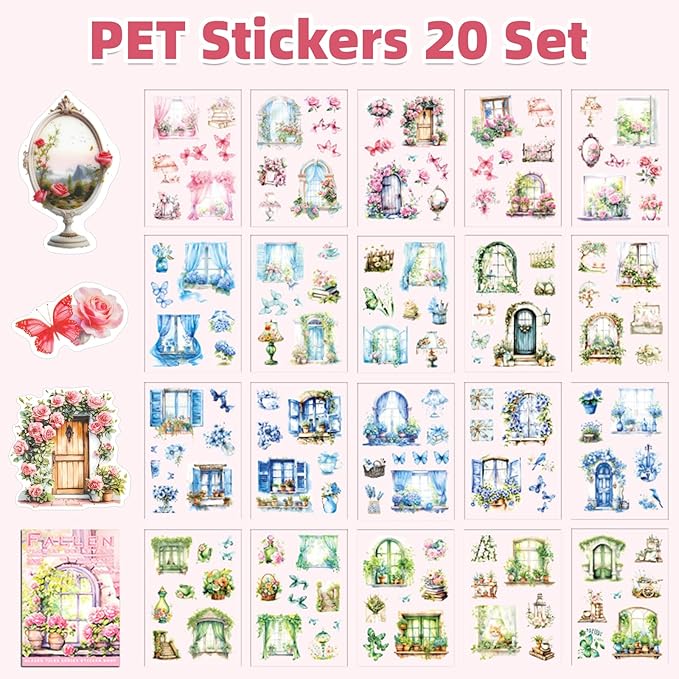 Fallen Flowers Courtyard Sticker Scrapbooking Supplies for Junk Journal, 20 Sheets PET Stickers - Vintage Journaling Stickers, Ephemera Sticker Book Pre Cut(TZ-009-001)