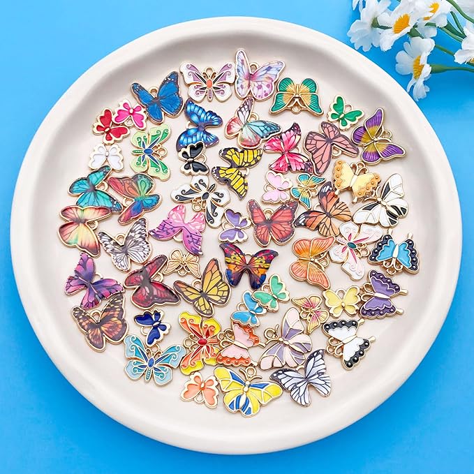 WOCRAFT 100pcs Assorted Enamel Butterfly Bracelet Charms for Jewelry Making DIY Necklace Bracelet Keychain Crafting Charms Kit (M771)