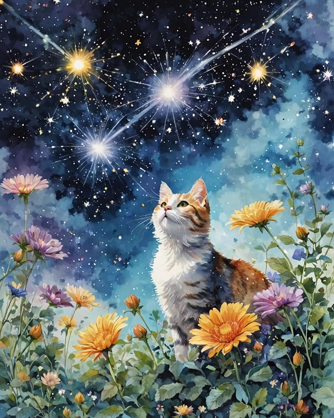 ldazao Paint by Number for Adult Beginner, Cat and Starry Sky Painting by Numbers Kits, Cat - DIY Painting Kits for Adults Without Frame Paint by Number On Canvas for Gift Home Wall Decor