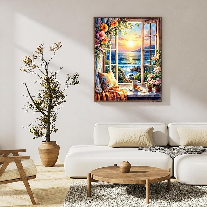 Paint by Numbers Kit for Adults Beginner Window Landscape, Adult Paint by Number Kits on Canvas, Seascape DIY Acrylic Oil Painting by Numbers for Adults, Perfect for Home Wall Decor 16X20 Inch