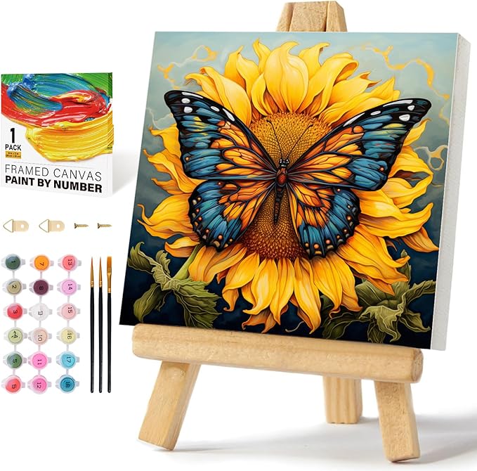 Framed Paint by Numbers Kit for Adults Beginners & Kids Ages 8-12, Butterfly Sunflower Acrylic Easy Paint by Number with Frame, Number Painting Kits on Canvas Framed (12 * 12 Inch, without Easel)