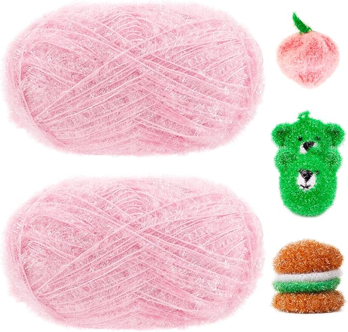 JeogYong Scrubby Yarn 2 Skeins (2 x 100g, 2 x 218yd) Scrubby Sparkle Yarn, Fluffy Polyester Scrubbie Crochet String for Crocheting Knitting Dishcloths Washcloths DIY Projects