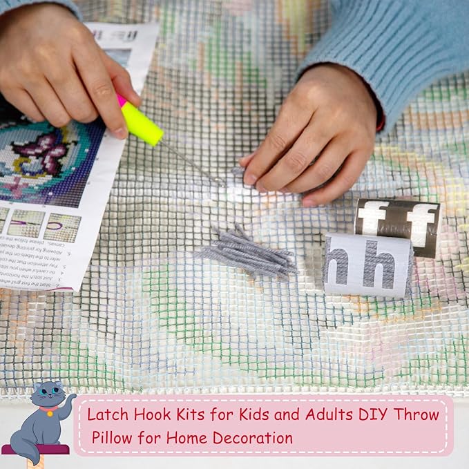DL-YTG Latch Hook Kits Pillow Black Cat Left Crochet Yarn Cushion Colour Pre-Printed Canvas Rug Needlework DIY Pillowcase Hook and Latch Kit Christmas Home Crafts Sofa Decoration 42x42cm/16X16inch