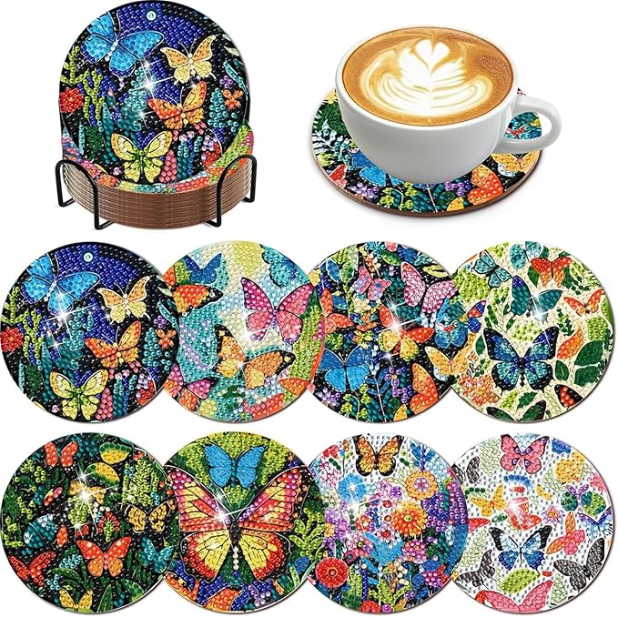 EWJRNSF 8 PCS Diamond Art Coasters Kit, Small Diamond Painting Coasters, Fall Butterfly Diamond Art Kits for Adults Beginners, Arts and Crafts Supplies Item Sets with Holder