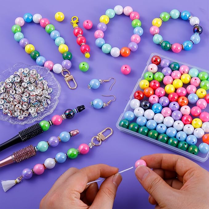320 PCS Beads for Pens, 14 mm Focal Beads & 8 mm Rhinestone Spacers Bead, Fit for Beadable Pens Bracelets Keychains Jewelry Making, Rainbow Acrylic Bead, Christmas Gifts