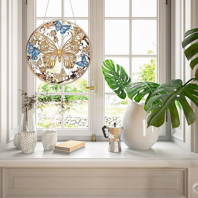 Generic DIY Hanging Diamond Pendant Special Shaped Crystal Diamond Art Painting Ornament Single Sided for Window Home Garden Wall Door Decor-Golden Butterfly