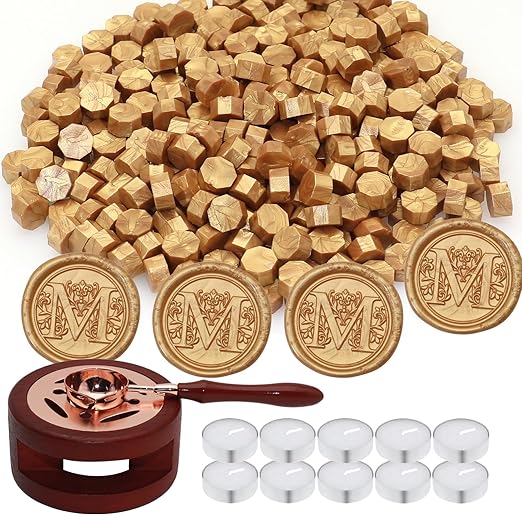 Wax Seal Beads Kit - 300pcs Royal Gold Sealing Wax Beads with Wood Melting Warmer, Spoon & 10 Mini Candles for Stamp Seals, Wedding Invitation, Envelope, Cards, Gift Wrapping Decorations
