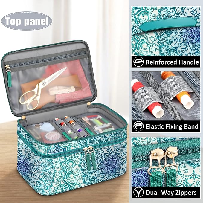 FINPAC Sewing Accessories Storage and Organizer Case, Double-Layer Sewing Kits Carrying Bag with Wrist Pin Cushion for Threads, Needles, Embroidery Floss Supplies, Felting Kits (Emerald Illusions)