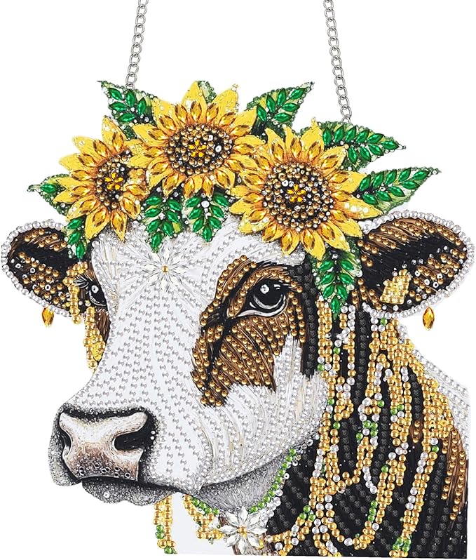 Bimkole Cow Diamond Art Hanging Kit for Adult, DIY 5D Sunflowers Diamond Art Painting Window Pendant, Acrylic Crystal Art Hanging Ornament for Wall Home Garden Front Door Decor - 7.8x7.8 Inch