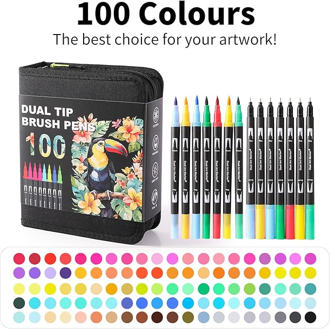 Dual Tip Markers, Brush Art Markers Set with Fine Tip and Brush Tip for Adult Coloring Book, Hand Lettering, Calligraphy & Drawing, Professional Art Supplies Kit for Adults (100 Colors)