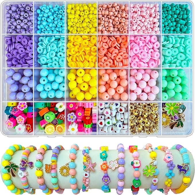 3100Pcs Clay Bead Bracelet Making Kit - Macaron Polymer Clay Heishi Seed Beads Assorted Acrylic Round Pastel Beads Gold Spacer Beads Spring Flower Charms for Bracelet Jewelry Earring Making DIY Craft
