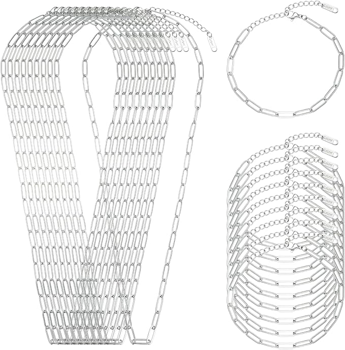20 Pack Stainless Steel Paperclip Chains Link Adjustable Necklace Bracelet Bulk for Men Women DIY Bracelets Crafts