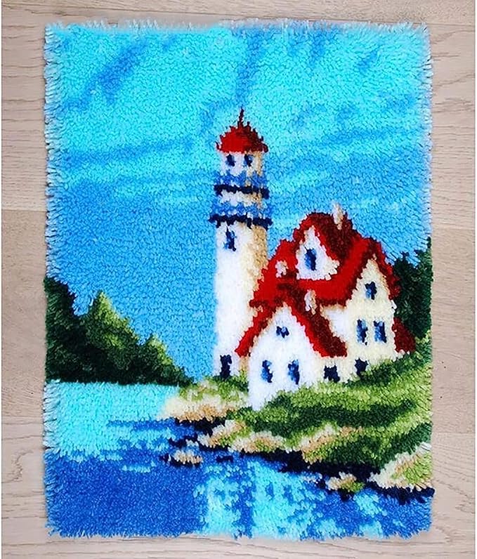 ZFFLYH Latch Hook Kits DIY Crochet Yarn Rugs Tapestry Hooking Needlework Crafts Arts Kit Color Preprinted Pattern Home Decoration Festival Gift for Adults and Beginner,Lighthouses