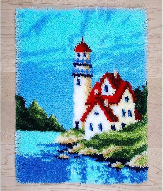 ZFFLYH Latch Hook Kits DIY Crochet Yarn Rugs Tapestry Hooking Needlework Crafts Arts Kit Color Preprinted Pattern Home Decoration Festival Gift for Adults and Beginner,Lighthouses