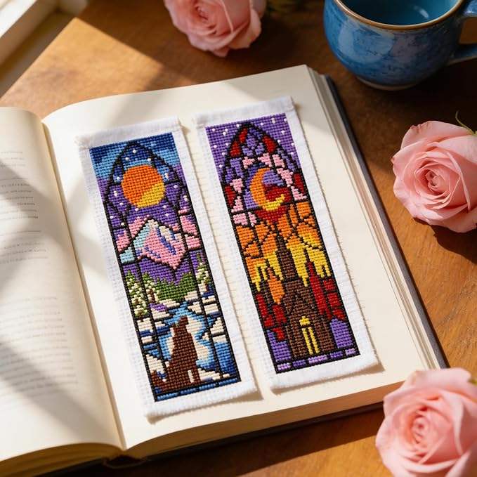 ACRNIGHEET 6PCS Cross Stitch Kits Stamped Cross Stitch Bookmark Kit for Beginner Adults Window View DIY Embroidery Bookmark Kit Needlepoint Kits with Instructions Book Lovers Craft Gift 8.5''x3'' 11CT