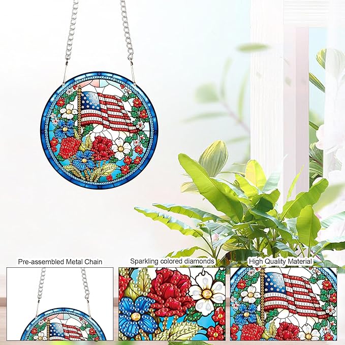 AiYuanzsh DIY Hanging Diamond Painting Pendant Set – Independent Flower Patriotic Art Board, Special Shaped Crystal Diamonds, Elegant Floral Wall Decor, Independence Day Gift for Friends and Family