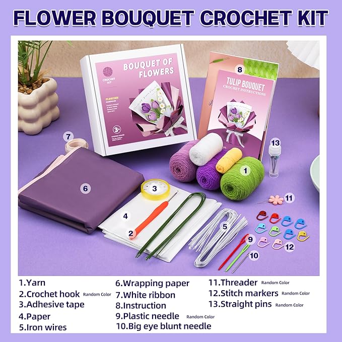 Iuuidu Crochet Kit for Beginners, Flower Bouquet Crochet Kit, Crochet Starter Kits with Step-by-Step Video Tutorials and Hook for Adults DIY Craft Birthday Wedding Present, Home Decor