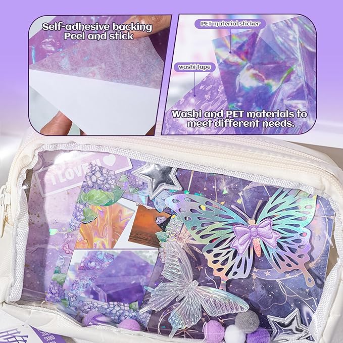 56PCS Holographic Sticker Paper Transparent Waterproof Self Adhesive Film PET Glitter Paper Scrapbooking Stickers for Junk Journal Supplies Card Making Album Collage Planner Gift Wrapping Decor
