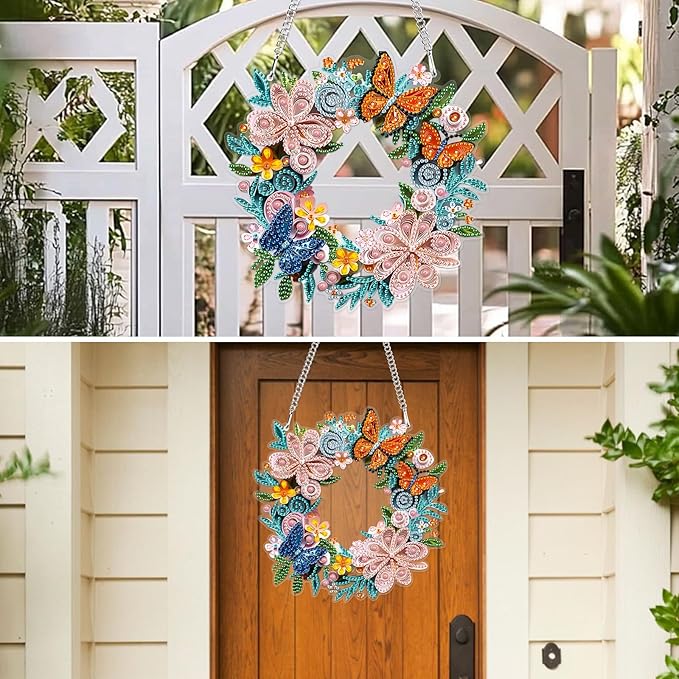 MXJSUA Special Shaped Hanging Diamond Painting Art Kits for Adults, Flower Butterfly Wreath 3D Crystal Rhinestone Acrylic Gem Art Pendant Ornaments Kit for Home Decoration and Gift