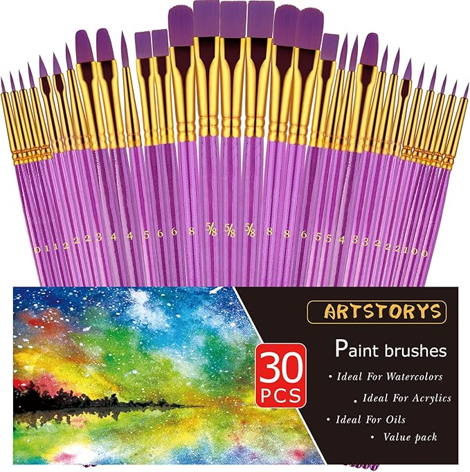 Paint Brushes Set, 30 Pcs Paint Brushes for Acrylic Painting, Watercolor Acrylic Oil Paint Brush, Artist Paintbrushes for Body Face Rock Canvas, Adult Drawing Arts Crafts Supplies, Purple