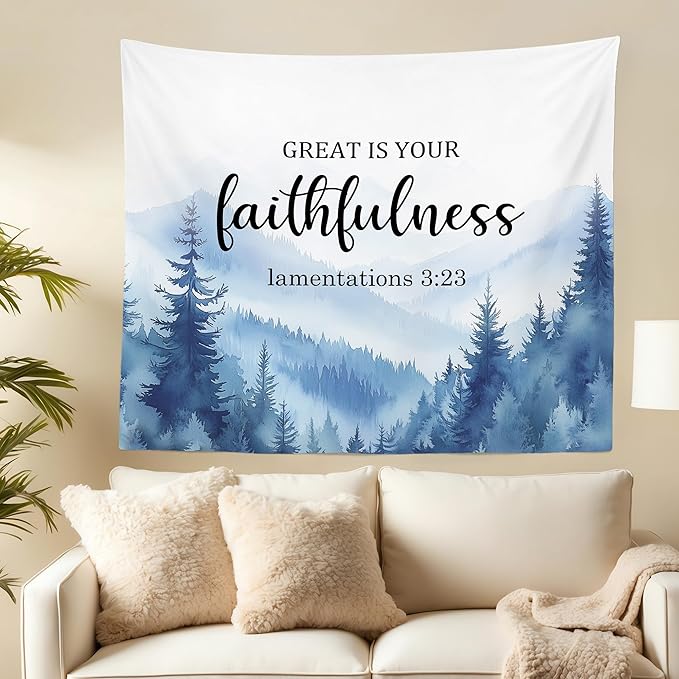 MNASAIOO Christian Mountian Woods Wall Tapestry Hanging for Bedroom, Bible Verse Scripture Great Is Your Faithfulness Tapestries,Blue Watercolor Wall Decor Banner for Living Prayer Room Church 50x60in