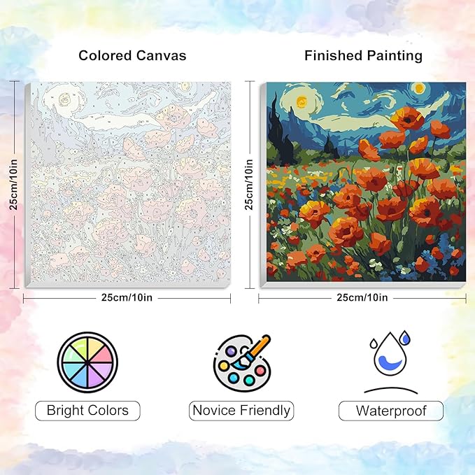 Yezavesu Framed Paint by Numbers Kit for Adults Beginner & Kids Ages 8-12, Starry Night Paint by Numbers Without Easel, DIY Number Painting for Adults Flowers for Home Wall Decor Gift 10x10 inch
