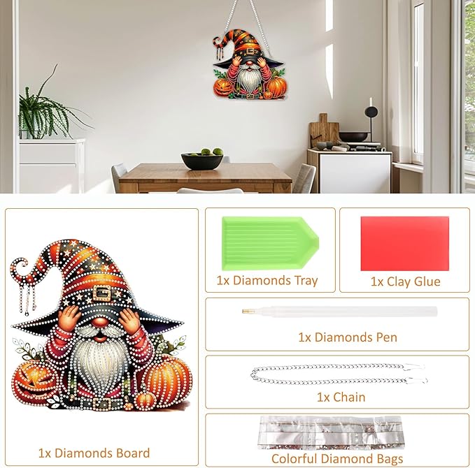 SENQAO Halloween Gnome Pumpkin Diamond Art Hanging Kits for Adults Beginners, DIY Acrylic 5D Special Shaped Crystal Diamond Gem Art Painting Hanging Ornament for Home Wall Decor and Gift