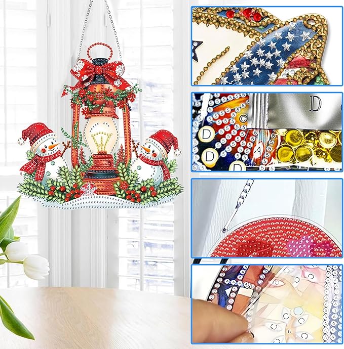 Reofrey Hanging Diamond Art Kits for Adults - 8x8 Inch Christmas Snowman Acrylic Board Double Sided Pattern Diamond Art Suncatcher Pendant, Crystal Art for Home Wall or Window Decoration Handmade Gift
