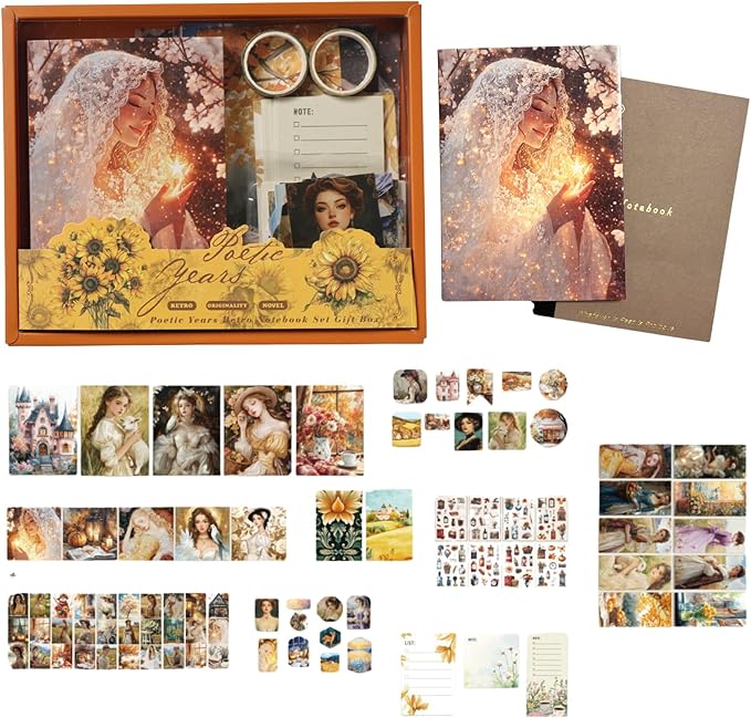 Cullevo Retro Scrapbooking Kit – Old Time Dream Edition, 124 PCS Vintage Scrapbook Supplies with Washi Tape, Floral Stickers, A6 Grid Notebook for DIY Bullet Journaling & Planner Crafts Gift