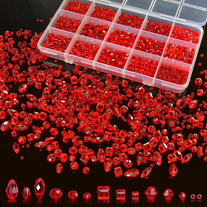 1500 Pcs Crystal Glass Beads for Jewelry Making – 12 Styles Bicone, Rondelle, Cube, Teardrop & 3mm Spacer Beads, DIY Bracelet Necklace Earring Craft Kit with Organizer Box(Red)
