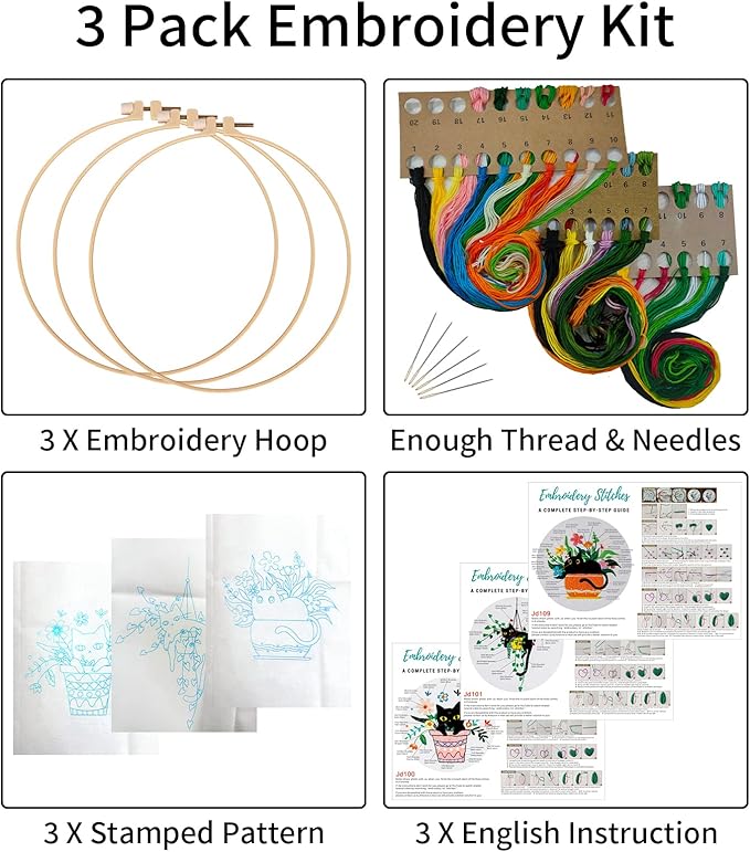 Nuberlic 3 Sets Cute Cat Embroidery Kit for Adults Beginners, Stamped Cross Stitch Starter Kits Include Needlepoint Cloth Hoops Needles Threads and Instruction