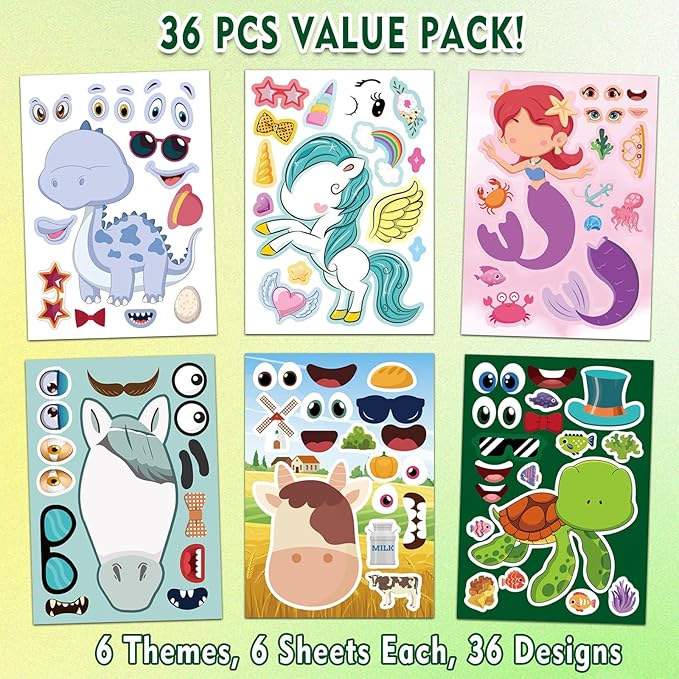 aowplc 36 pcs make-a-face sticker sheets kids party favors mix and match stickers with dinosaurs, mermaids, unicorns, horses, farm & sea animals for parties, birthdays, classroom activities & crafts