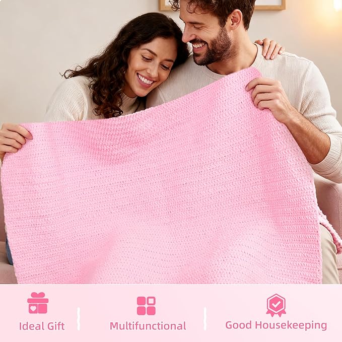 Aeelike Blanket Crochet Kit for Beginners, Easy Crochet Blanket Kit with Soft Chenille Yarns Detailed Instruction Crocheting Accessories Complete Beginners Crocheting Kits, Sakura Pink