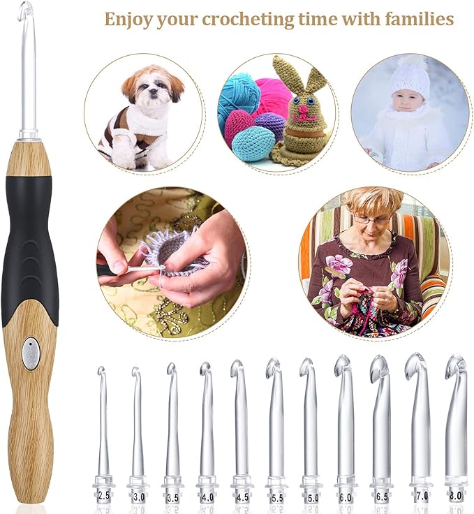 Chuangdi 11 Sizes Lighted Crochet Hooks Set Rechargeable Crochet Hook Light up Hooks with Case, Interchangeable Heads 2.5 mm to 8 mm for DIY Craft Supplies(Wood Color-Black)