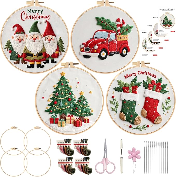LGLRTD Christmas Embroidery Kits, 4 Sets Embroidery Kits for Beginners, Cross Stitch Kits for Adults with Pattern, Needles, Threads, Tools, DIY Needlepoint Craft Kit, 6 inch (Christmas)