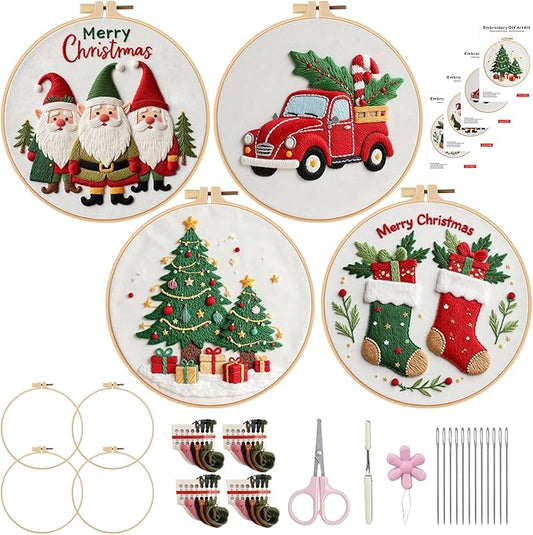 LGLRTD Christmas Embroidery Kits, 4 Sets Embroidery Kits for Beginners, Cross Stitch Kits for Adults with Pattern, Needles, Threads, Tools, DIY Needlepoint Craft Kit, 6 inch (Christmas)