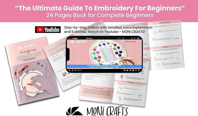Moni Crafts Embroidery Kit for Beginners – DIY Hand Embroidery Set for Adults with 4 Stamped Patterns, Hoop, Threads, Needles and Step-by-Step Stitch Guide to Learn 33 Stitches