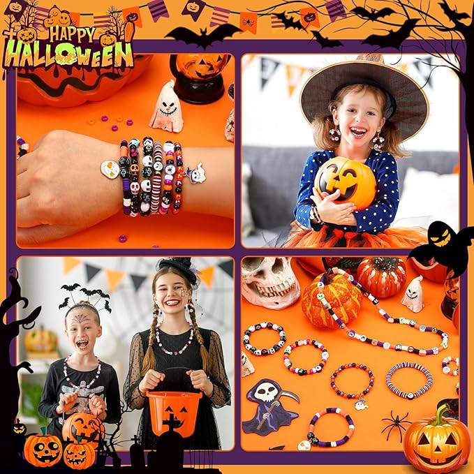 UPINS 2100PCS+ Halloween Beads Bracelet Making Kit, Halloween Clay Beads Spacer Beads for Jewelry Making, Polymer Clay Pony Letter Beads Charms for DIY Jewelry Projects