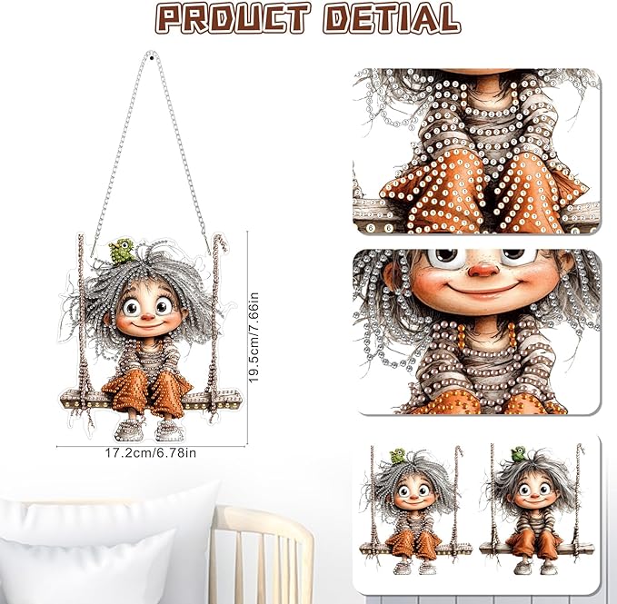 KEYIFA Diamond Painting Kit, DIY Girl Swing Diamond Art Hanging for Adults Beginner, Gem Arts Pendant Special Shaped Rhinestone Window Ornaments Wall Door Garden Decoration Gift, Double Sided