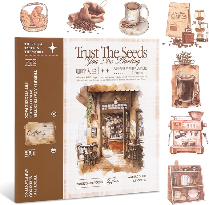 RISYPISY Pre-Cut Coffee Sticker for Scrapbooks 50 Sheet-558pcs Washi Journaling Stickers Ephemera for Junk Journal Supplies Scrapbooking Supplies for Bujo Planner Collage Crafts