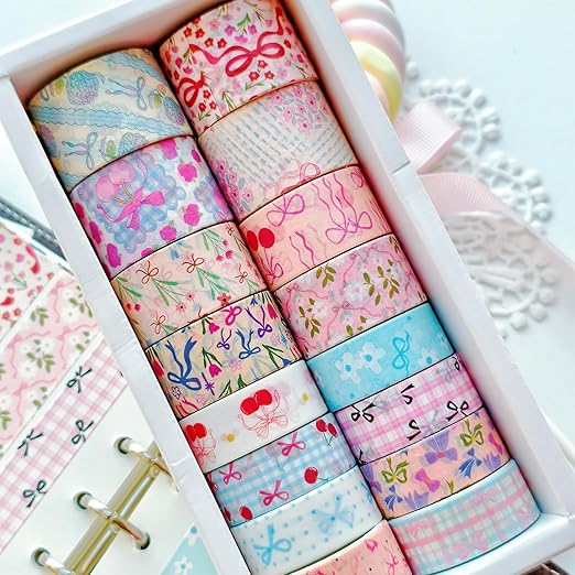 16 Rolls Vintage Washi Tape Set with Bowknot Patterns, Decorative Scrapbook Tape for Journaling Supplies, DIY Crafts and Bullet Journals