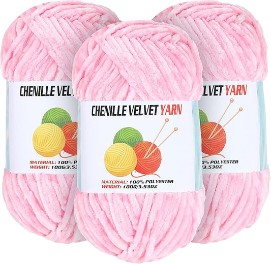 3 * 100g Velvet Chenille Chunky Yarn for Crocheting, Handcrafts Weaving Soft Chenille Yarn for Crocheting Clearance, Used for Making Baby Yarns Blanket, Clothes, Knitting Creations (Pink)