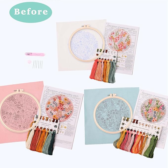 reewisly 3 pcs embroidery starter kit with patterns and instructions, diy adult cross stitch kits beginner, including 3 plastic embroidery rings, 1 scissors, colored threads and needles