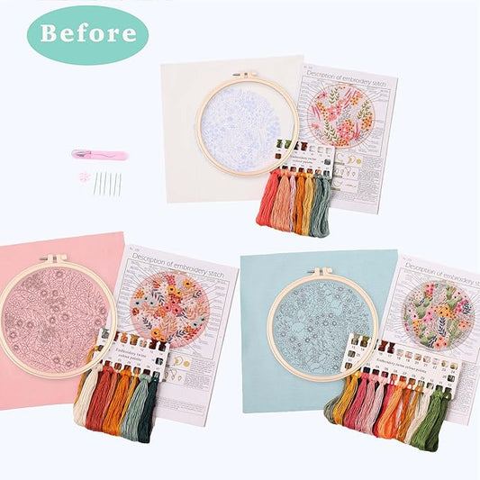 reewisly 3 pcs embroidery starter kit with patterns and instructions, diy adult cross stitch kits beginner, including 3 plastic embroidery rings, 1 scissors, colored threads and needles