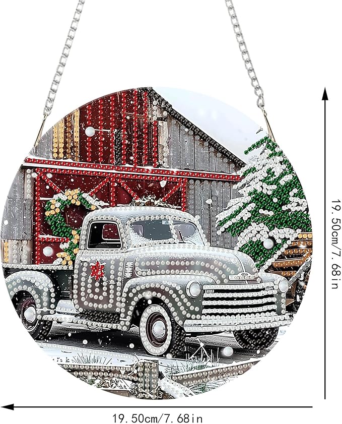 SENQAO Christmas Diamond Art Hanging Kits for Adults Kids, Farmhouse Truck Diamond Art Suncatchers, 5D Special Shape Diamond Painting Pendant Window Ornament Gifts for Home Door Wall Decor