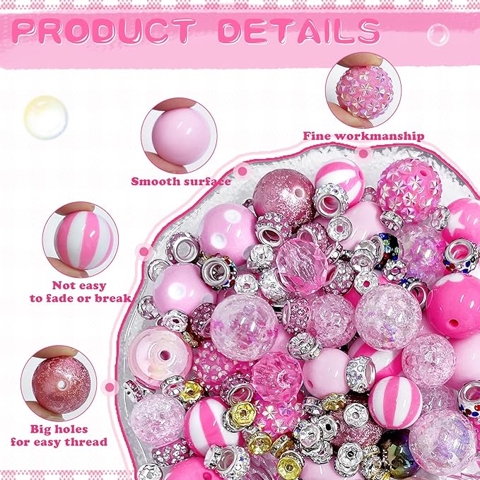 163 Pcs Pen Beads for Beadable Pens: Bubblegum Beads for Pen Making Bulk with Spacer Bead Rhinestone Bead (Pink)