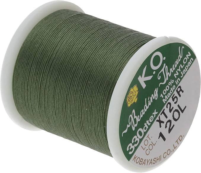 KO Nylon Beading Thread, Dark Olive Color, Japanese Pre-Waxed 100% Nylon, 330TEX, Tangle Resistant Knotting Cords, 50m /55 yds Spool, Use for Seed Bead Projects, Loom Work & Bead Weaving