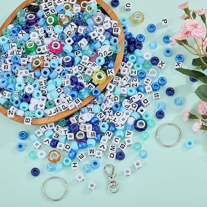 BEEFLYING 750 Pcs DIY Bead Keychain Kit Key Chain Making Crafts Letter Beads Strings Adjustable Alphabet Key Ring Jewelry Backpack Accessories Holiday Party Festival Favor Gift (Blue)